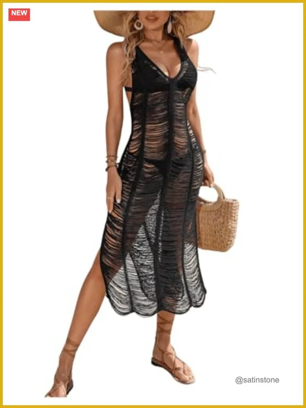 Women's Crochet Hollow Out Swimsuit Cover Up Deep V Neck Sleeveless Beach Midi